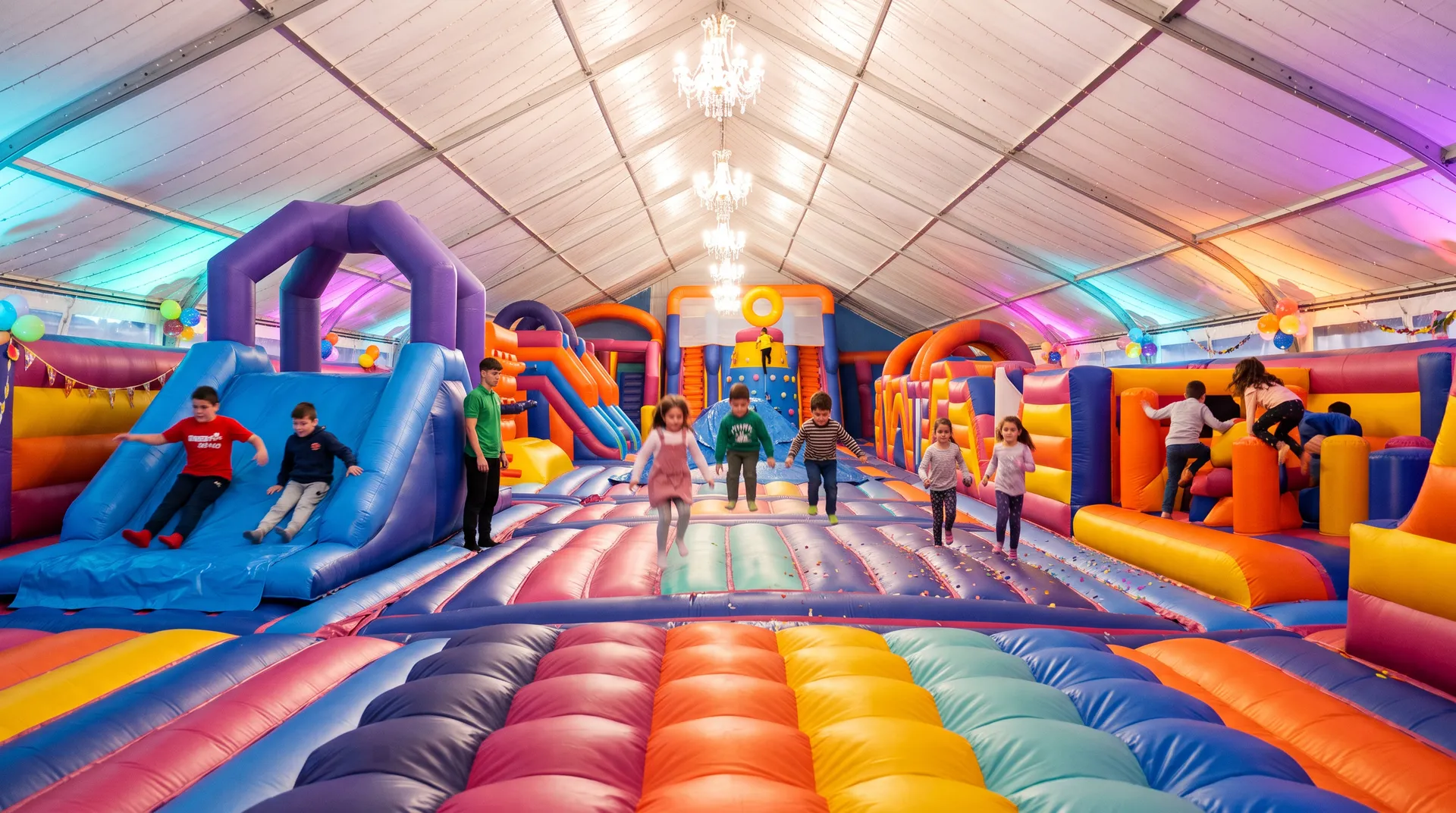 Children sliding, climbing and jumping at Wonderland City, the indoor inflatable playground in Nicosia, under a tent roof with chandeliers